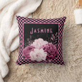 ピンクのフローラとチェッカーボパーソナライズされたード クッション (ブランケット)