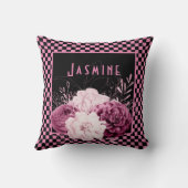 ピンクのフローラとチェッカーボパーソナライズされたード クッション (裏面)