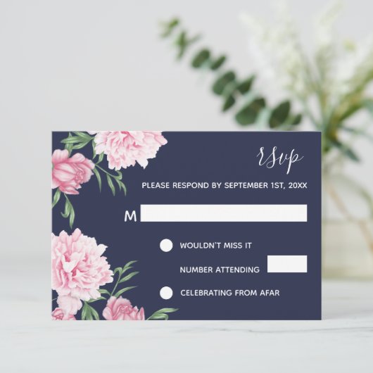 ピンクのフローラとネイビーの背景 | RSVP 招待状 (スタンド正面)