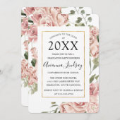 ピンクのフローラとバック卒業パーティーの写真 招待状 (正面/裏面)