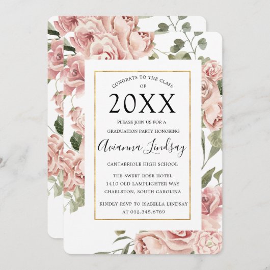 ピンクのフローラとバック卒業パーティーの写真 招待状 (正面/裏面)