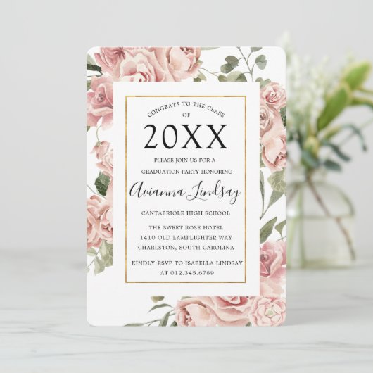 ピンクのフローラとバック卒業パーティーの写真 招待状 (スタンド正面)
