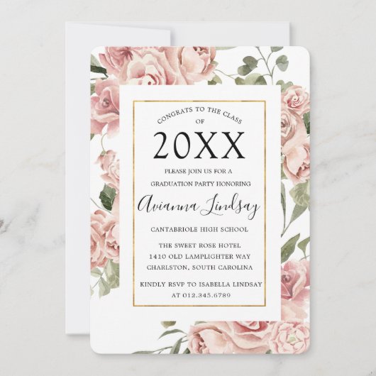 ピンクのフローラとバック卒業パーティーの写真 招待状 (正面)
