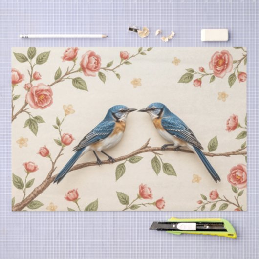 ピンクのフローラとブルーバードのデザインの切り離し 薄葉紙 (クラフト)