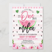 ピンクのフローラとメロン1歳の誕生日に1つ縫い付け 招待状 (正面)