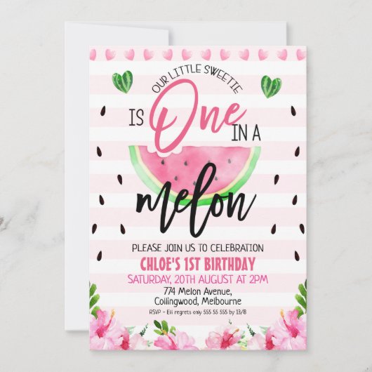 ピンクのフローラとメロン1歳の誕生日に1つ縫い付け 招待状 (正面)
