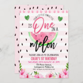 ピンクのフローラとメロン1歳の誕生日に1つ縫い付け 招待状 (正面/裏面)