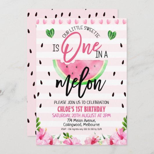 ピンクのフローラとメロン1歳の誕生日に1つ縫い付け 招待状 (正面/裏面)