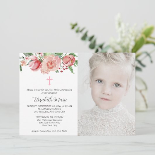 ピンクのフローラと写真の最初の女児の交会 招待状 (スタンド正面)