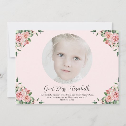 ピンクのフローラと写真の最初の女児の交会 招待状 (裏面)