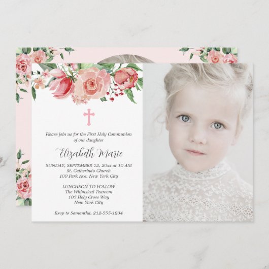 ピンクのフローラと写真の最初の女児の交会 招待状 (正面/裏面)