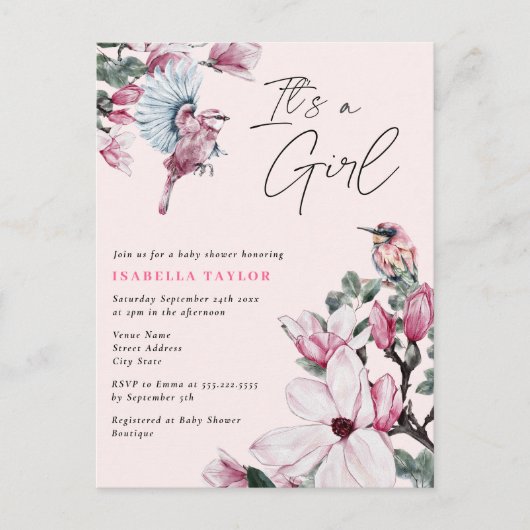 ピンクのフローラと春バードバジェットブライダルシャワーイン インビテーションポストカード (正面)