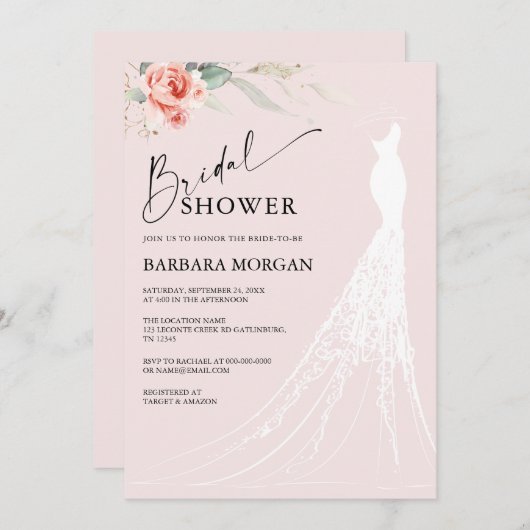 ピンクのフローラと緑のブライダルシャワーへの招待 招待状 (正面/裏面)