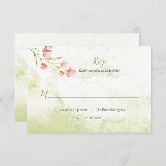 ピンクのフローラと緑の水の色のスプラッシュRSVP 出欠カード (正面/裏面)