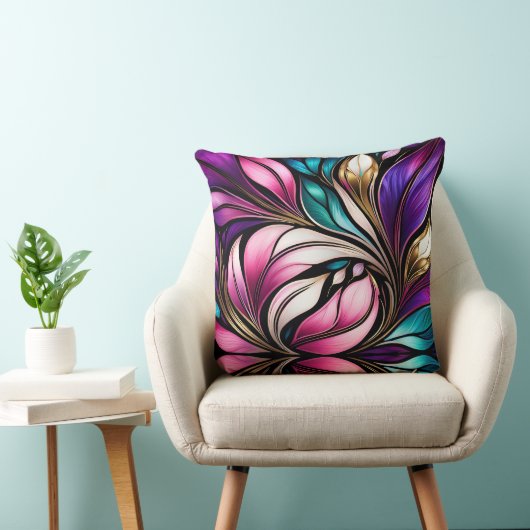 ピンクのフローラと葉ステンドグラスの外観 クッション (椅子)