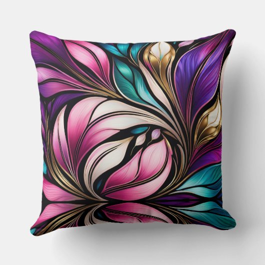 ピンクのフローラと葉ステンドグラスの外観 クッション (裏面)