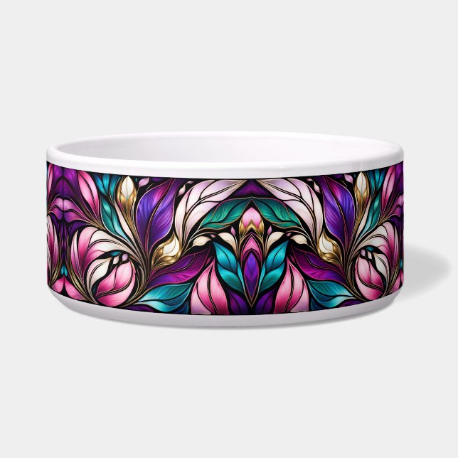 ピンクのフローラと葉ステンドグラスの外観 ボウル (正面)