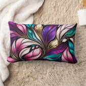 ピンクのフローラと葉ステンドグラスの外観 ランバークッション (ブランケット)