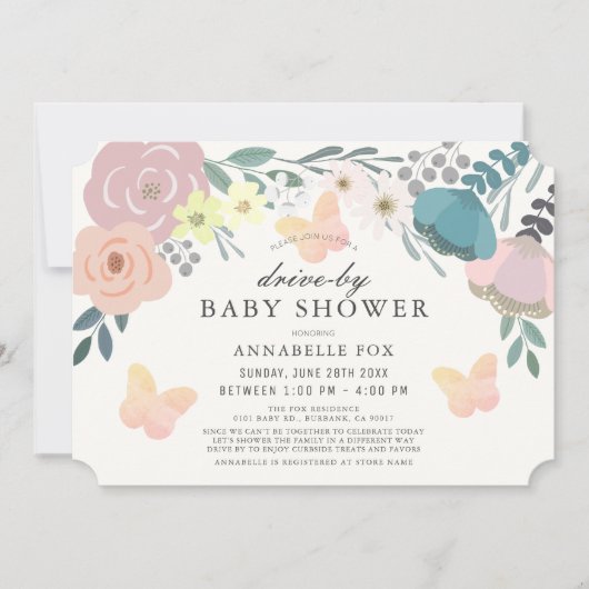 ピンクのフローラと蝶のドライブバイベビーシャワー 招待状 (正面)