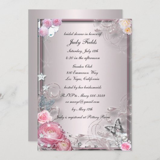 ピンクのフローラと蝶のブライダルシャワーの招待 招待状 (正面/裏面)