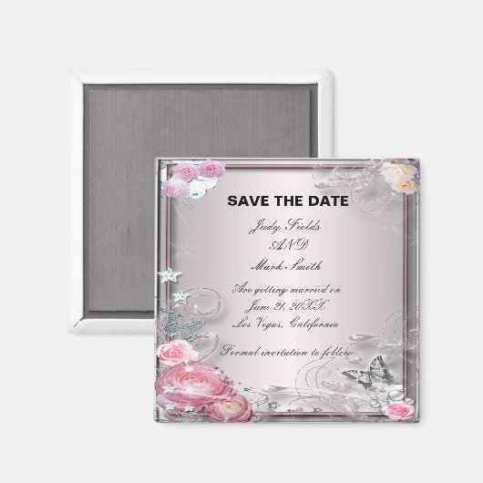 ピンクのフローラと蝶は日付磁石を保存 マグネット (正面/裏面)