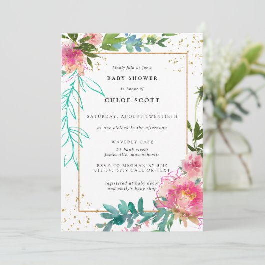ピンクのフローラと金ゴールドエレガントの赤ちゃんシャワー 招待状 (スタンド正面)