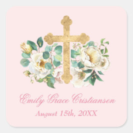 ピンクのフローラと金ゴールドクロスバプテスマ スクエアシール