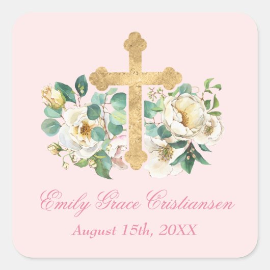 ピンクのフローラと金ゴールドクロスバプテスマ スクエアシール (正面)