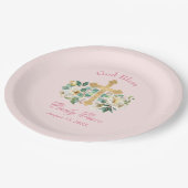 ピンクのフローラと金ゴールドクロスバプテスマ ペーパープレート (アングル)