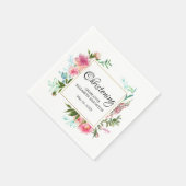 ピンクのフローラと金ゴールドパーソナライズされた《キリスト教》洗礼式や命名式 スタンダードカクテルナプキン (角)
