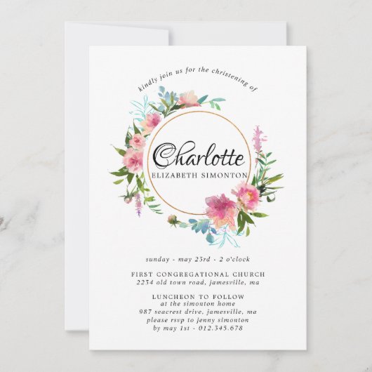 ピンクのフローラと金ゴールドリース《キリスト教》洗礼式や命名式招待状 招待状 (正面)