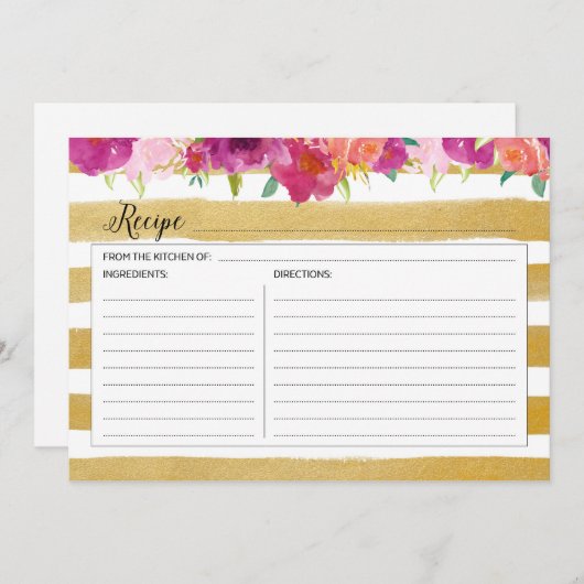 ピンクのフローラと金ゴールドレシピカード (正面/裏面)