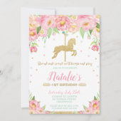 ピンクのフローラと金ゴールド回転木馬1歳の誕生日 招待状 (正面)