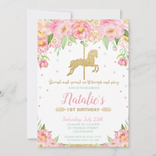 ピンクのフローラと金ゴールド回転木馬1歳の誕生日 招待状 (正面)