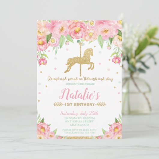 ピンクのフローラと金ゴールド回転木馬1歳の誕生日 招待状 (スタンド正面)