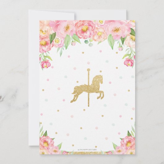 ピンクのフローラと金ゴールド回転木馬1歳の誕生日 招待状 (裏面)