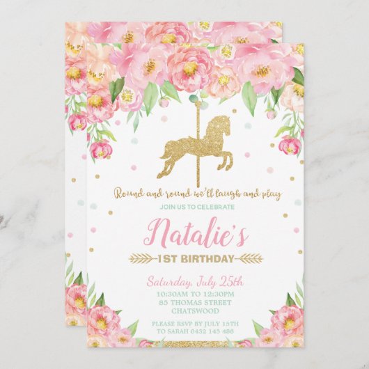 ピンクのフローラと金ゴールド回転木馬1歳の誕生日 招待状 (正面/裏面)
