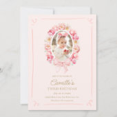 ピンクのフローラとBow Girlフォト誕生日 招待状 (正面)