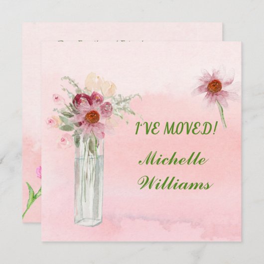 ピンクのフローラのエレガント移動のお知らせ 案内状 (正面/裏面)