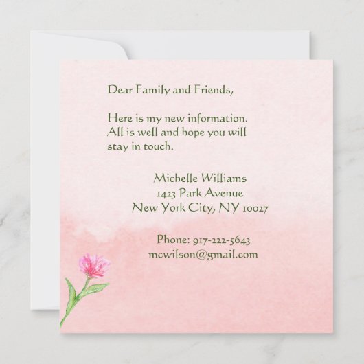 ピンクのフローラのエレガント移動のお知らせ 案内状 (裏面)