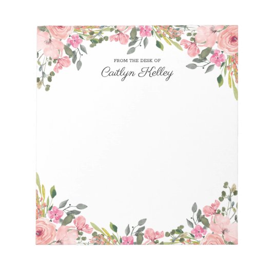 ピンクのフローラのデスクからパーソナライズされた、 ノートパッド (正面)