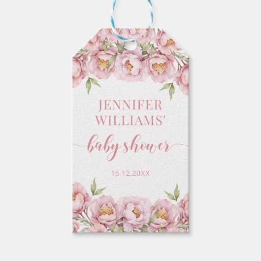 ピンクのフローラの女の子の感謝していシャワーあなたがギフトラベル ギフトタグ (正面)