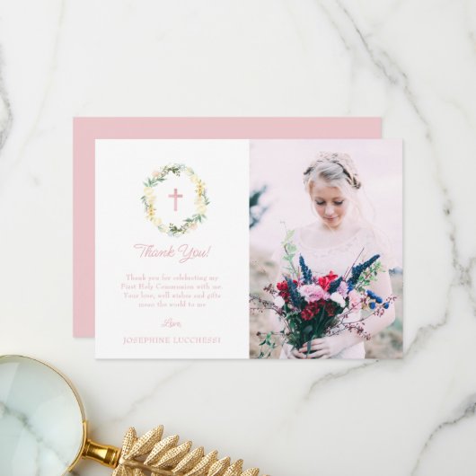 ピンクのフローラの最初の聖餐式の写真 サンキューカード (正面/裏面インサイチュ)