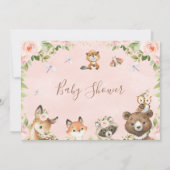 ピンクのフローラの森の動物のベビーシャワー 招待状 (裏面)
