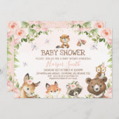 ピンクのフローラの森の動物のベビーシャワー 招待状 (正面/裏面)