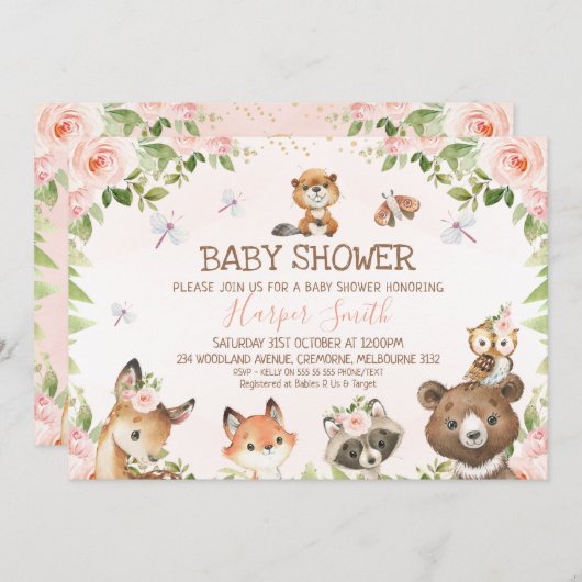 ピンクのフローラの森の動物のベビーシャワー 招待状 (正面/裏面)
