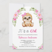 ピンクのフローラの水色かわいいナマケモノのアーチ赤ちゃんシャワー 招待状 (正面)