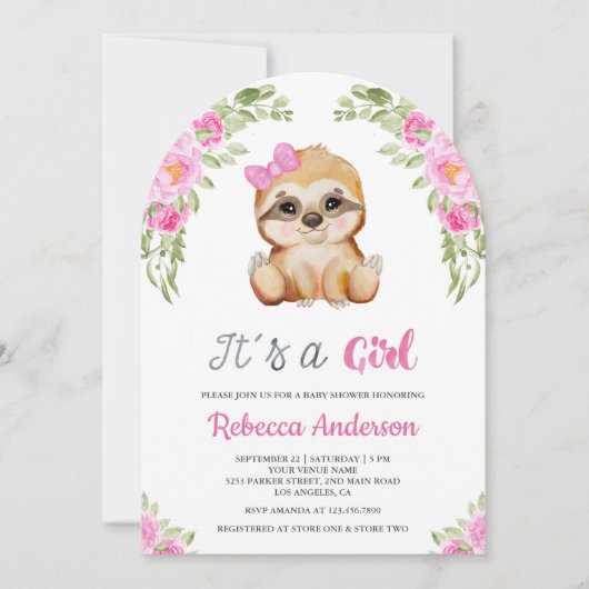 ピンクのフローラの水色かわいいナマケモノのアーチ赤ちゃんシャワー 招待状 (正面)