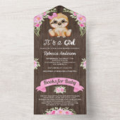 ピンクのフローラの水色かわいいナマケモノの木の赤ちゃんシャワー オールインワン招待状 (内側)