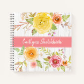 ピンクのフローラの水色のsketchbook素朴な名前 ノートブック (正面)